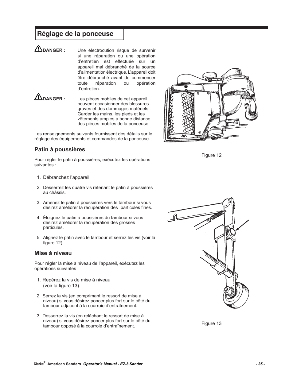 Réglage de la ponceuse, Patin à poussières, Mise à niveau | American Sanders EZ-8 Drum Sander User Manual | Page 35 / 50