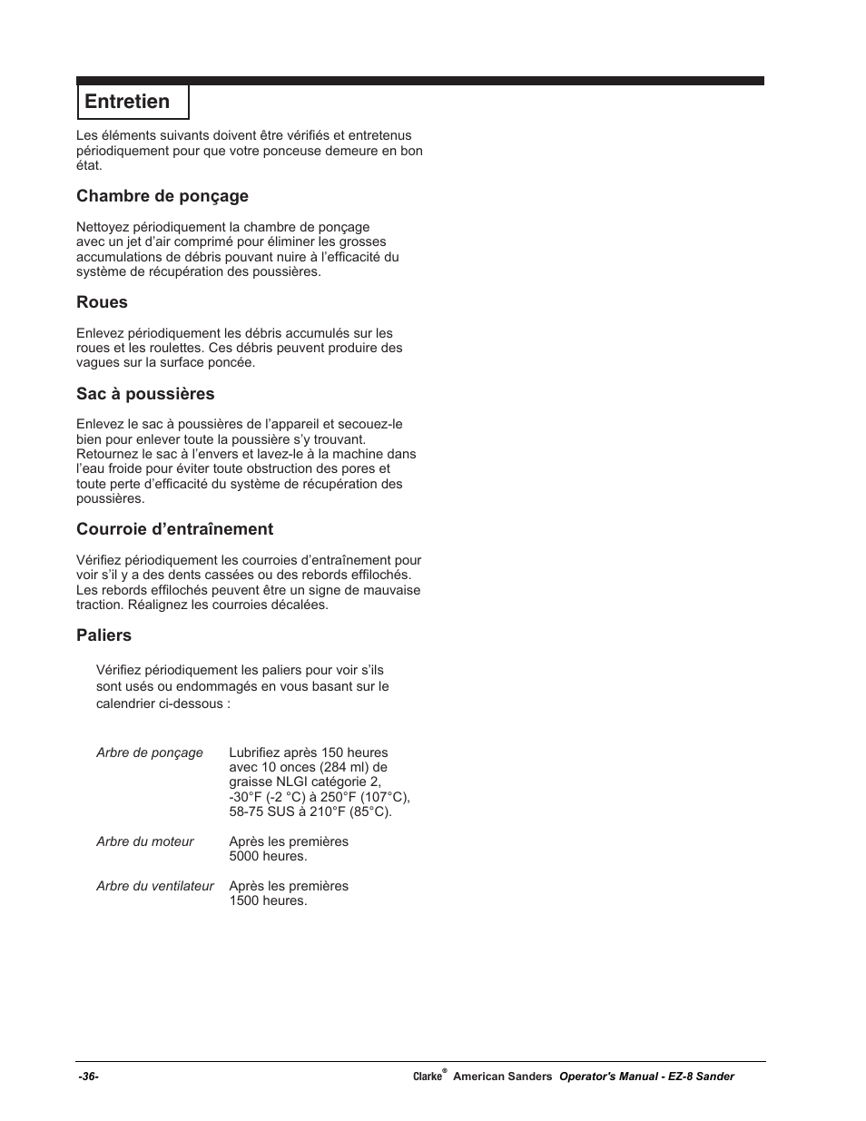 Entretien, Chambre de ponçage, Roues | Sac à poussières, Courroie d’entraînement, Paliers | American Sanders EZ-8 Drum Sander User Manual | Page 36 / 50