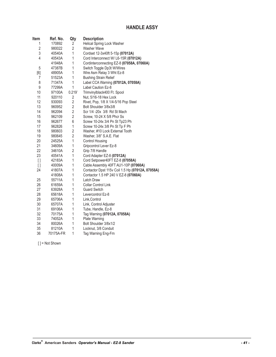 Handle assy | American Sanders EZ-8 Drum Sander User Manual | Page 41 / 50
