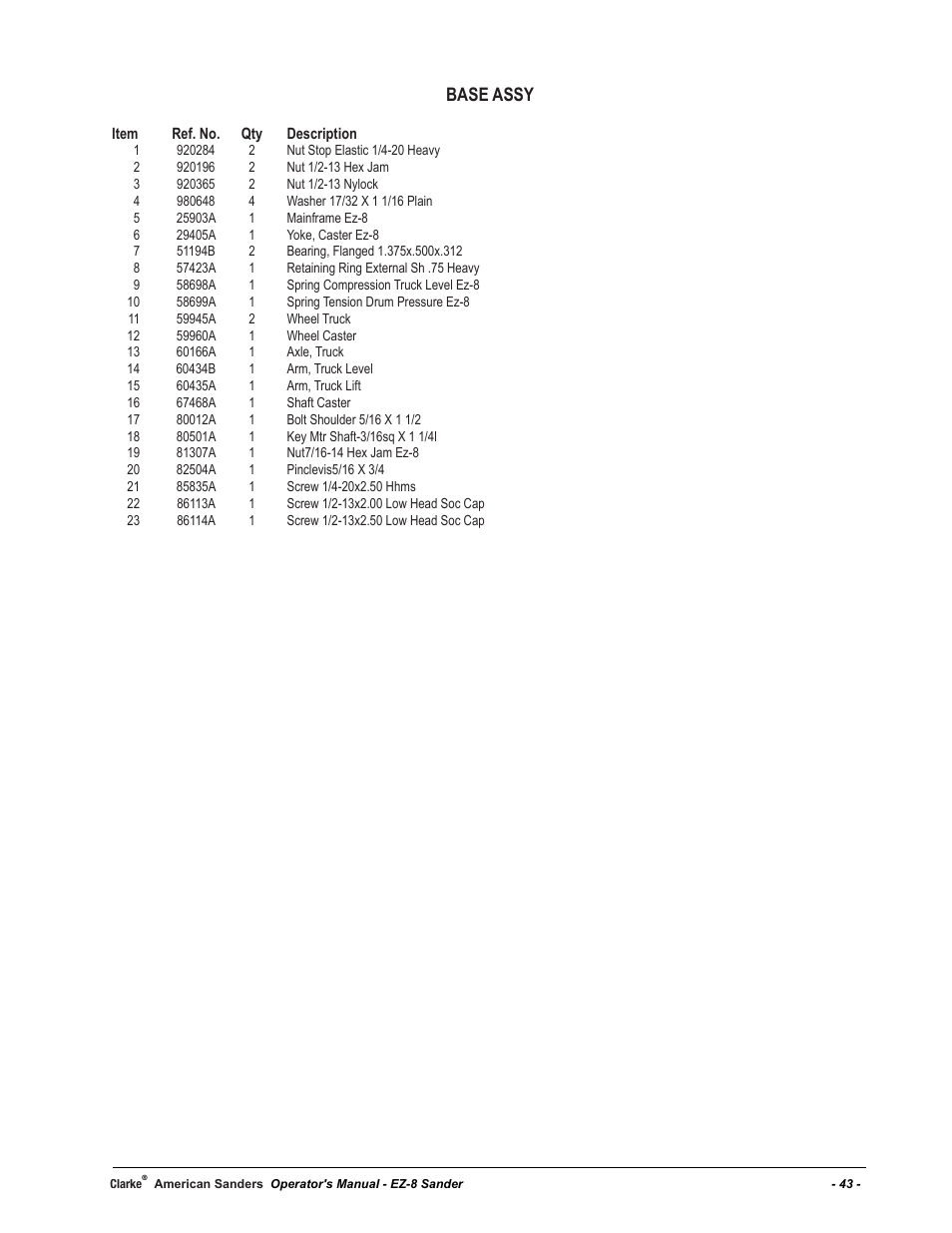 Base assy | American Sanders EZ-8 Drum Sander User Manual | Page 43 / 50