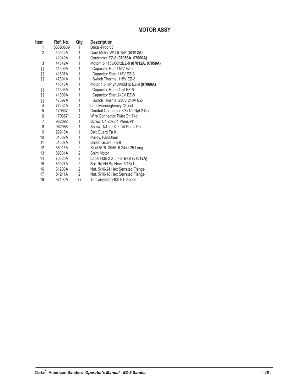 Motor assy | American Sanders EZ-8 Drum Sander User Manual | Page 45 / 50