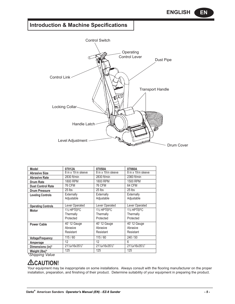 Caution, En english, Introduction & machine specifications | American Sanders EZ-8 Drum Sander User Manual | Page 5 / 50