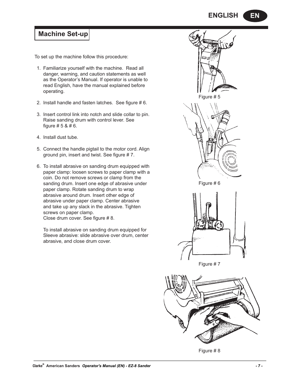 En english, Machine set-up | American Sanders EZ-8 Drum Sander User Manual | Page 7 / 50