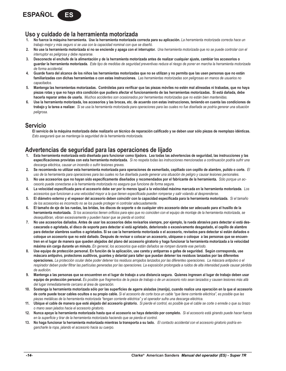 Es español, Uso y cuidado de la herramienta motorizada, Servicio | American Sanders Super 7R Edger User Manual | Page 14 / 40