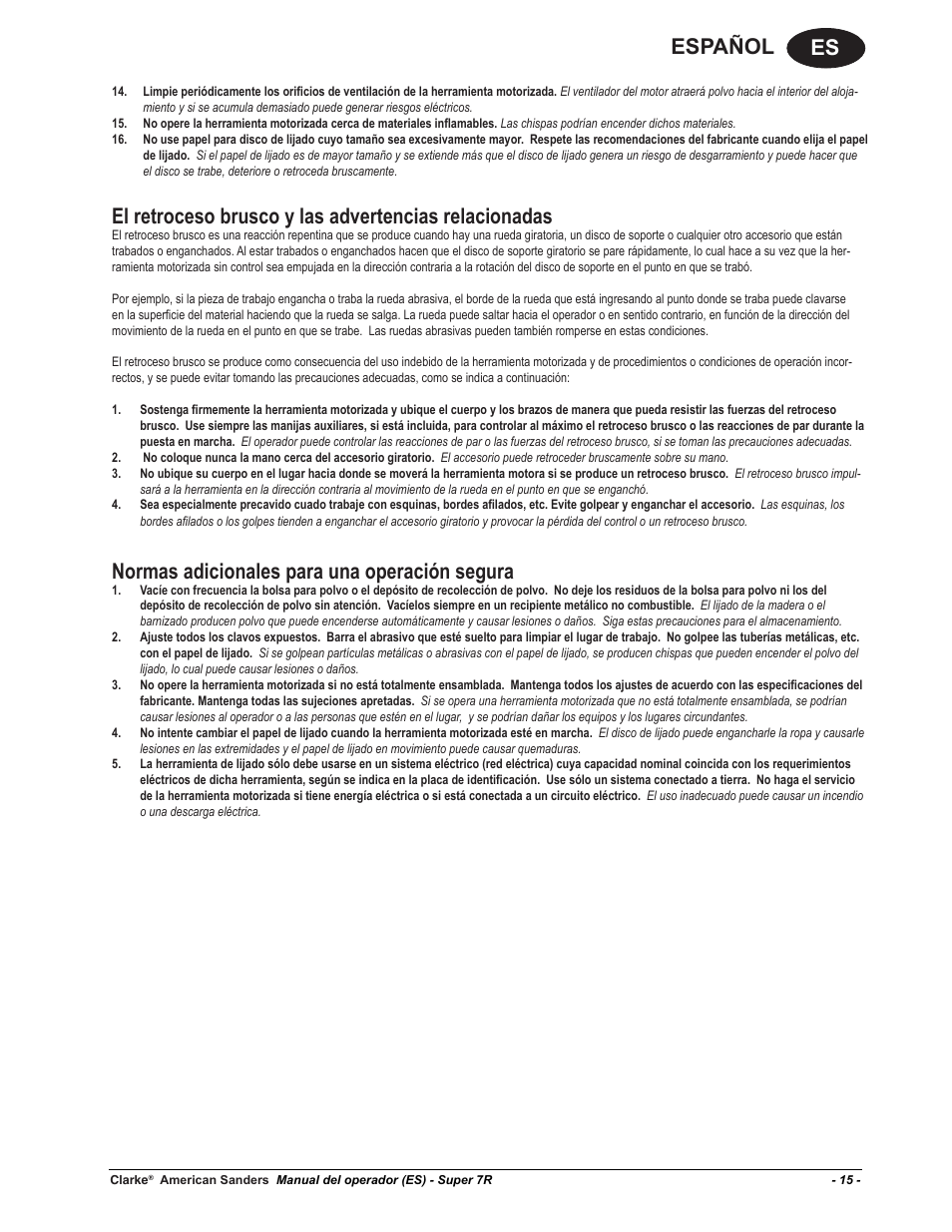 Es español, Normas adicionales para una operación segura | American Sanders Super 7R Edger User Manual | Page 15 / 40