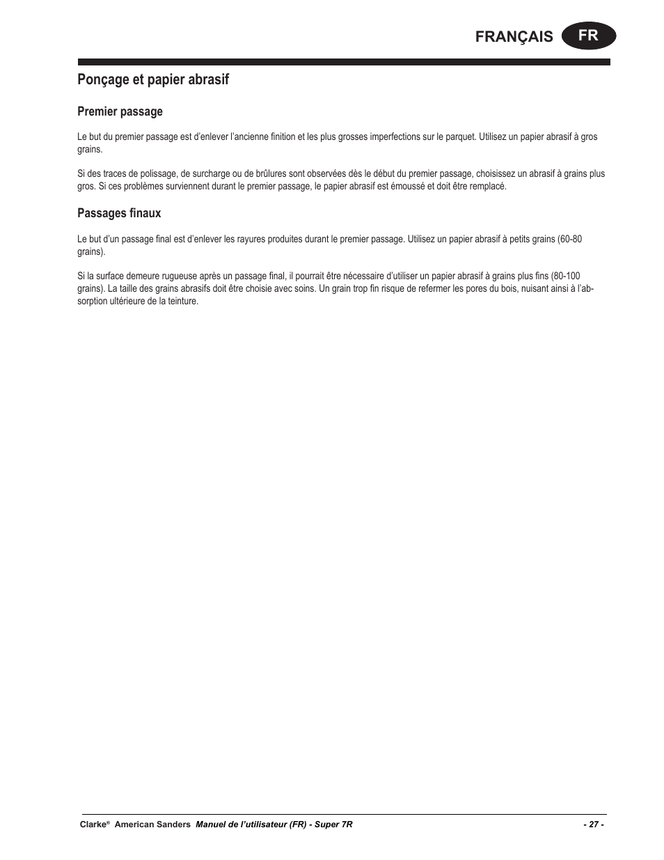 Fr français ponçage et papier abrasif, Premier passage, Passages finaux | American Sanders Super 7R Edger User Manual | Page 27 / 40