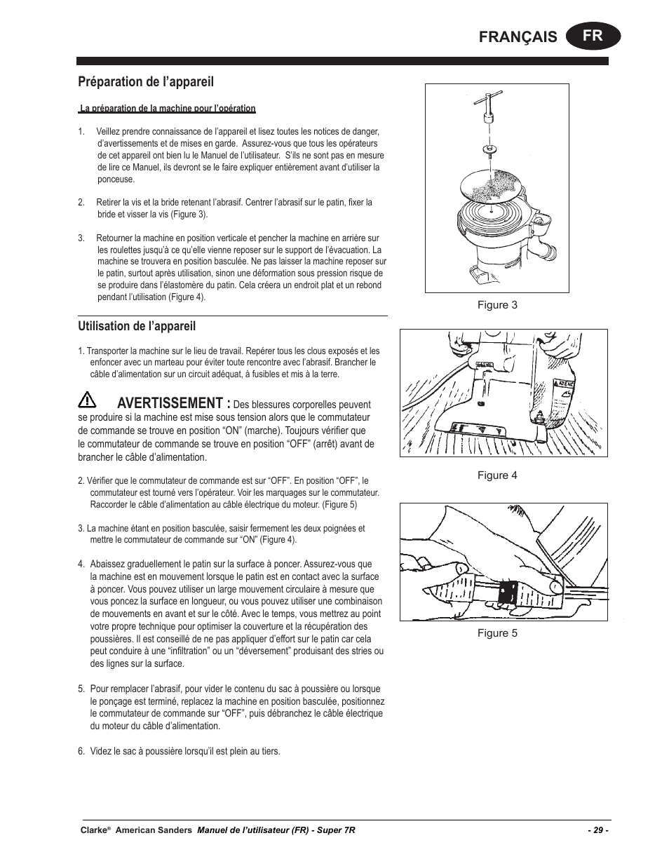 Fr français, Avertissement, Préparation de l’appareil | Utilisation de l’appareil | American Sanders Super 7R Edger User Manual | Page 29 / 40