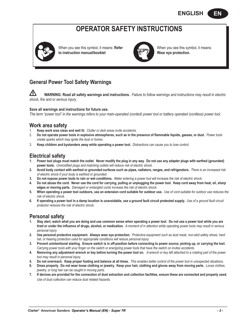 Operator safety instructions, En english, General power tool safety warnings | Work area safety, Electrical safety, Personal safety | American Sanders Super 7R Edger User Manual | Page 3 / 40