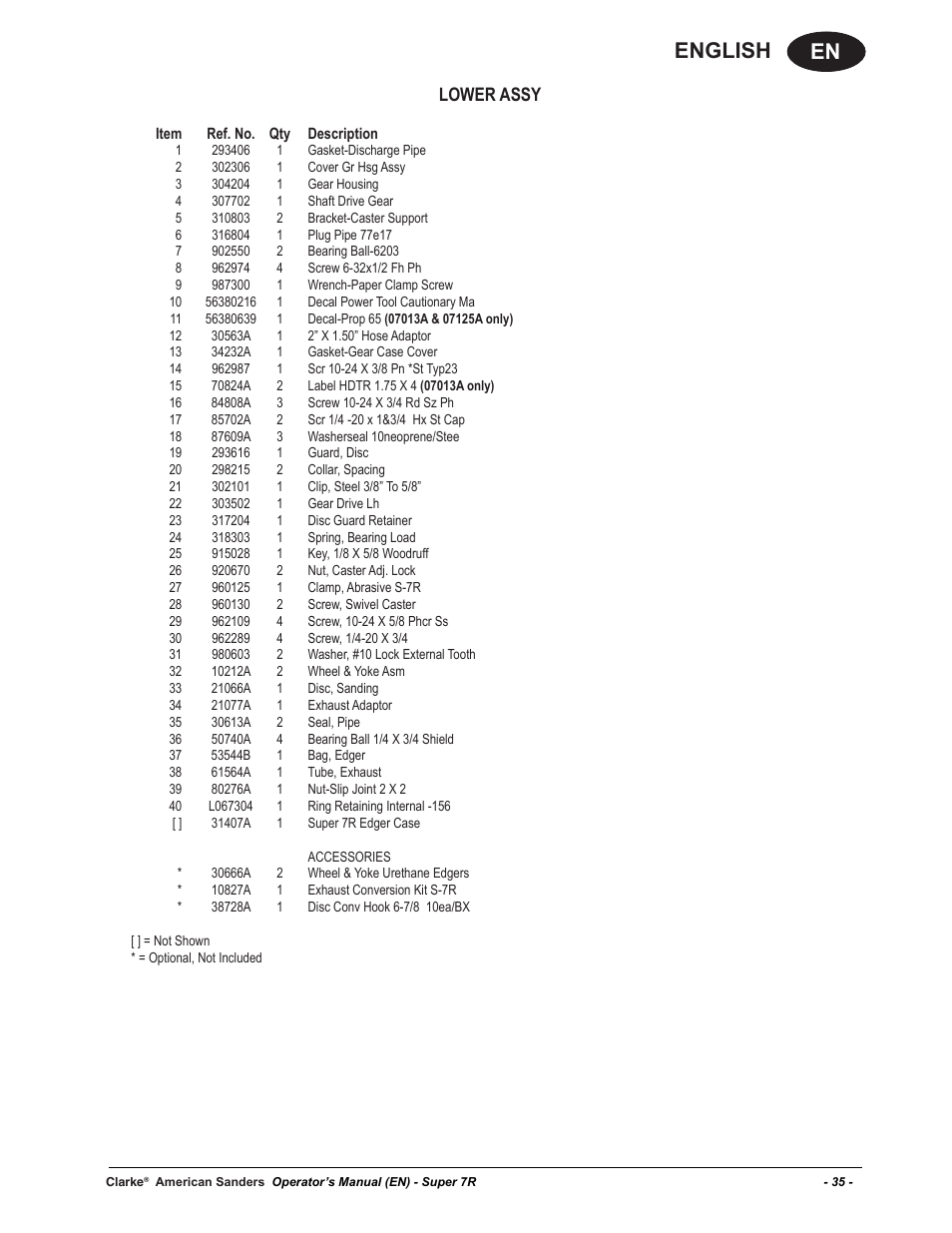En english, Lower assy | American Sanders Super 7R Edger User Manual | Page 35 / 40