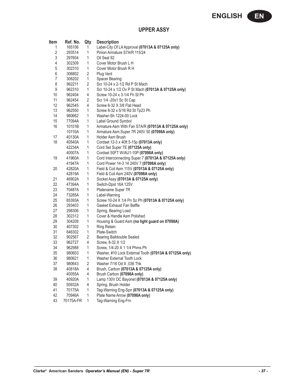 En english, Upper assy | American Sanders Super 7R Edger User Manual | Page 37 / 40
