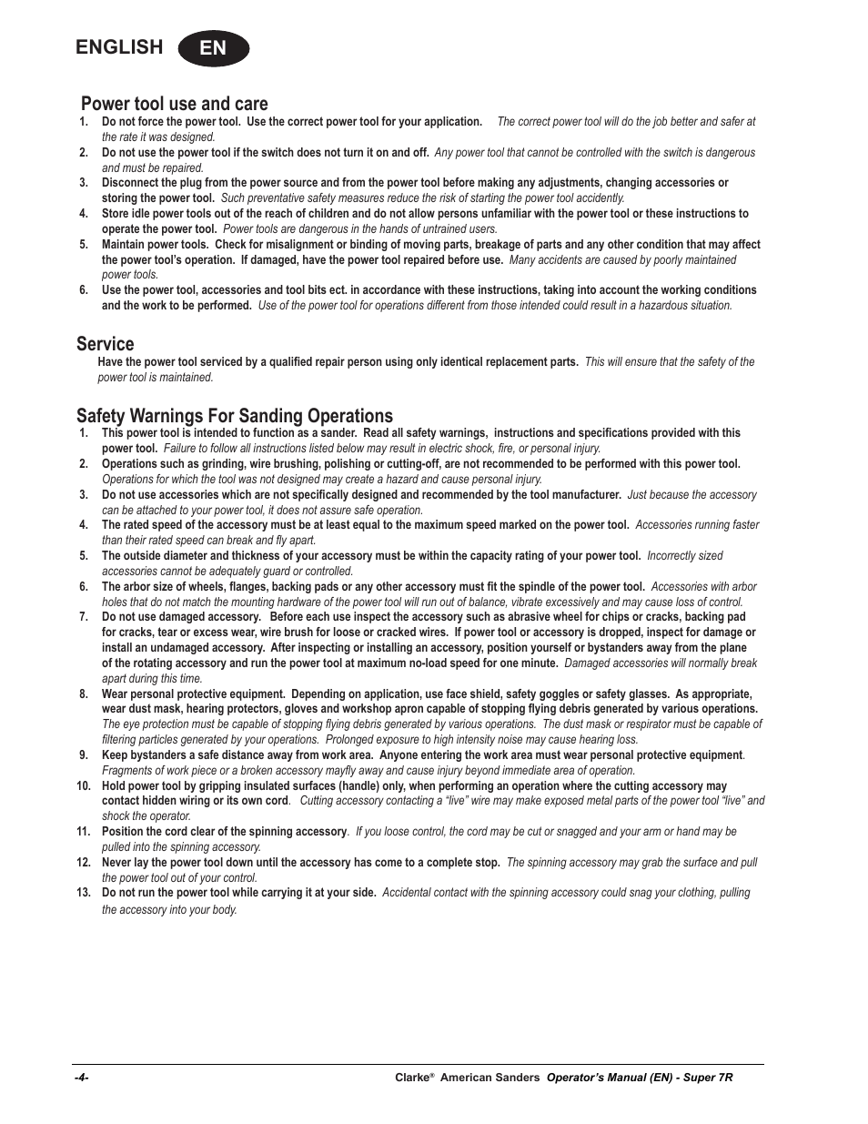 En english, Power tool use and care, Service | Safety warnings for sanding operations | American Sanders Super 7R Edger User Manual | Page 4 / 40