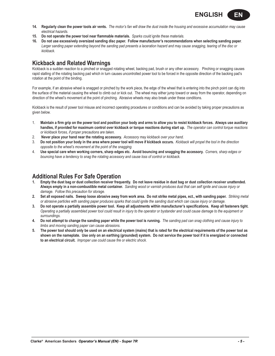 En english, Kickback and related warnings, Additional rules for safe operation | American Sanders Super 7R Edger User Manual | Page 5 / 40