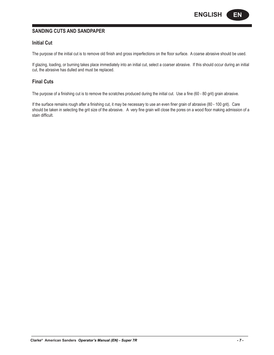 En english, Sanding cuts and sandpaper initial cut, Final cuts | American Sanders Super 7R Edger User Manual | Page 7 / 40