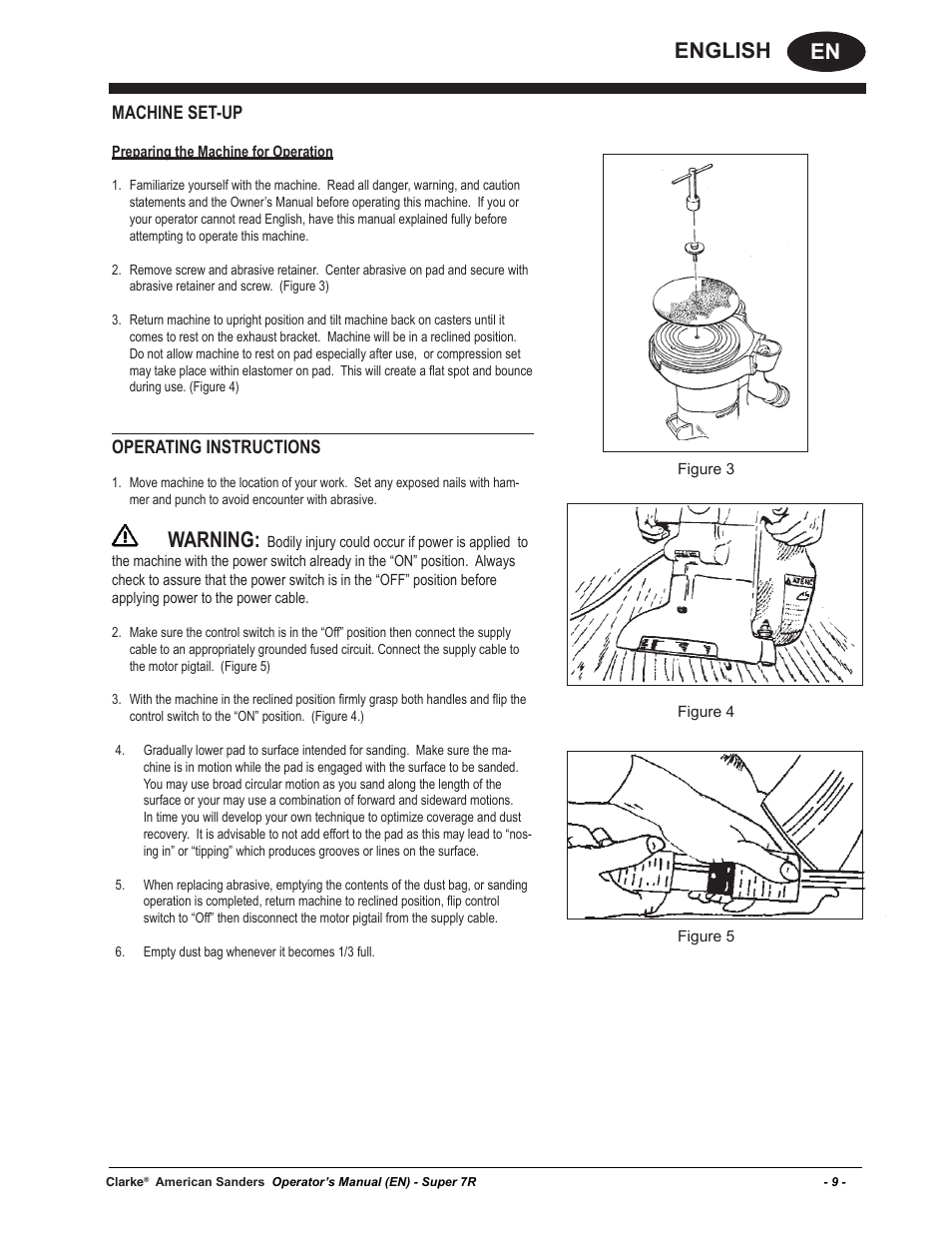 En english, Warning, Machine set-up | Operating instructions | American Sanders Super 7R Edger User Manual | Page 9 / 40