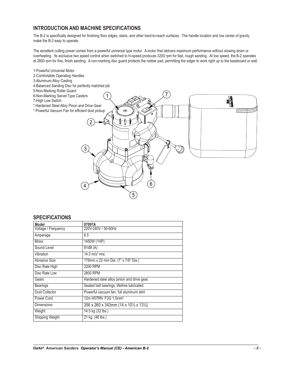 Introduction and machine specifications, Specifications | American Sanders B-2+ Edger User Manual | Page 5 / 20