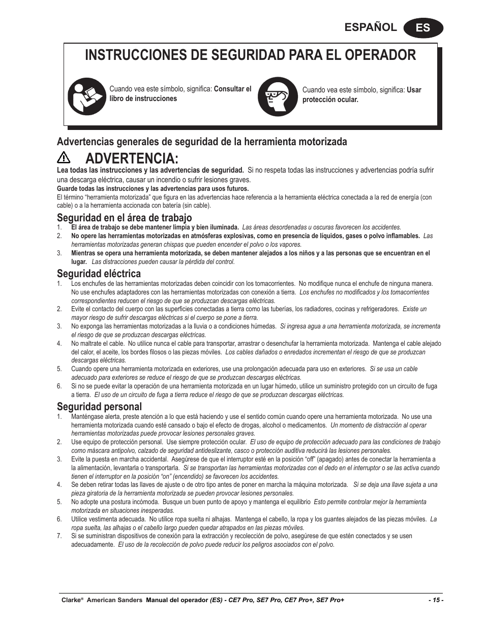 Instrucciones de seguridad para el operador, Advertencia, Es español | Seguridad en el área de trabajo, Seguridad eléctrica, Seguridad personal | American Sanders CE7 & Pro Edgers User Manual | Page 15 / 44