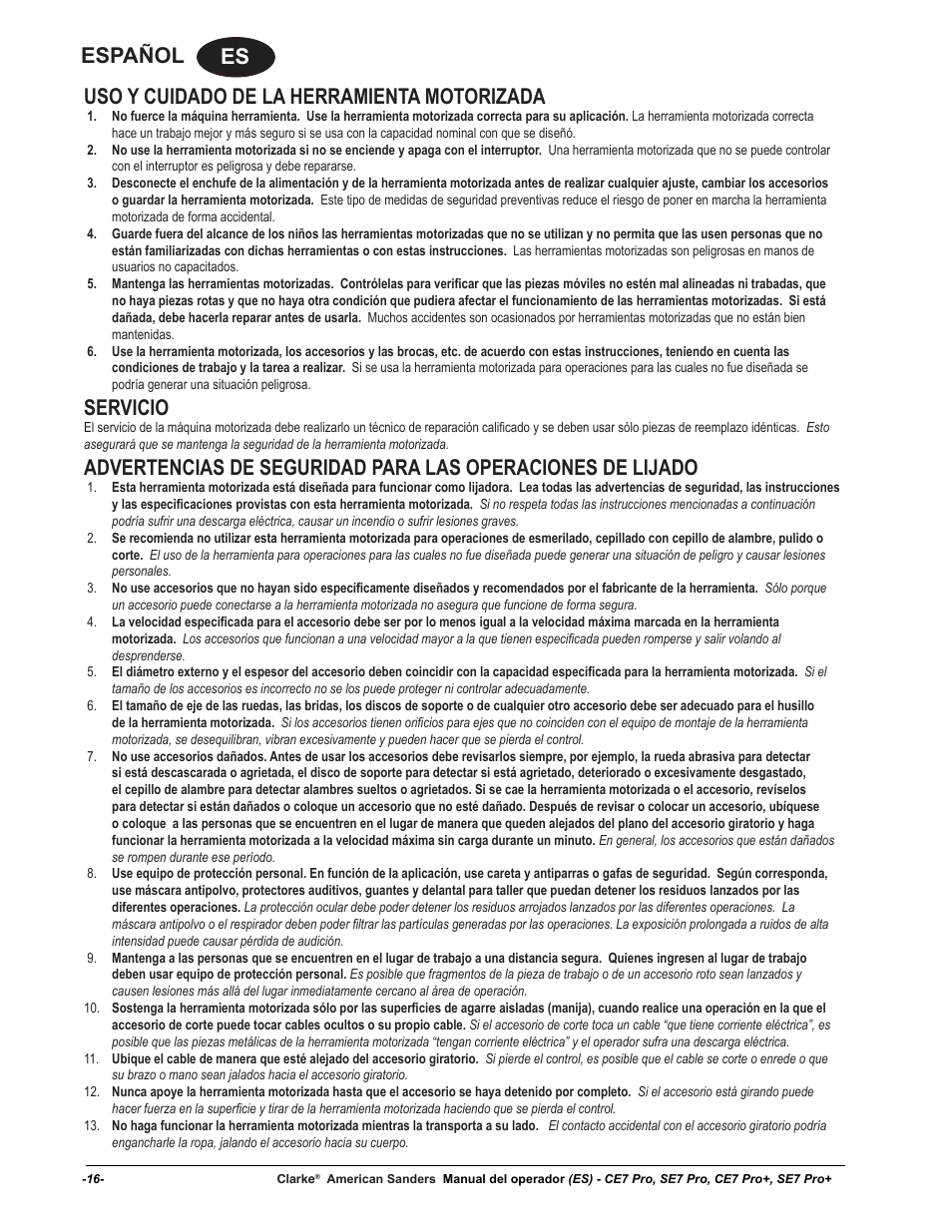 Servicio | American Sanders CE7 & Pro Edgers User Manual | Page 16 / 44