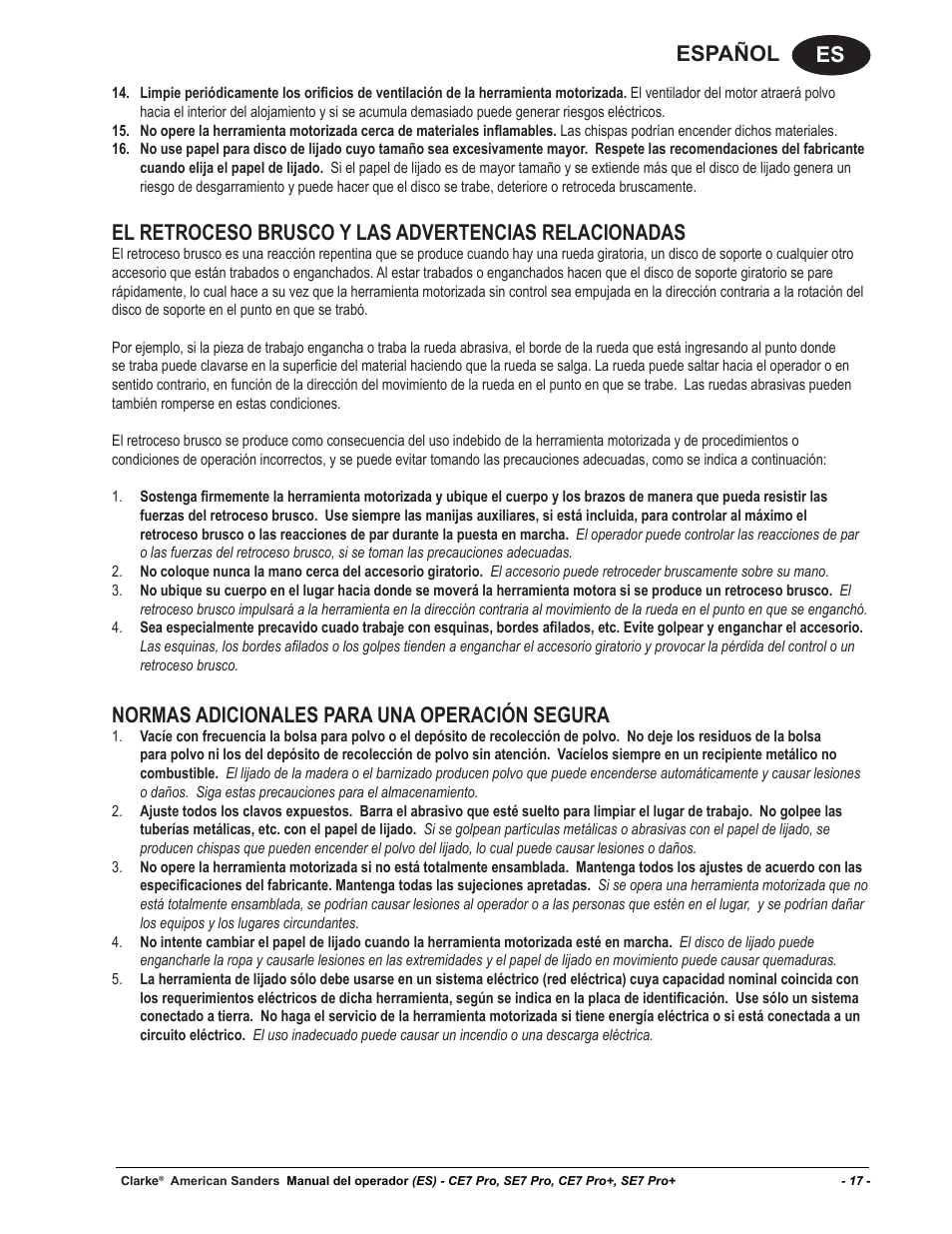 Es español, Normas adicionales para una operación segura | American Sanders CE7 & Pro Edgers User Manual | Page 17 / 44