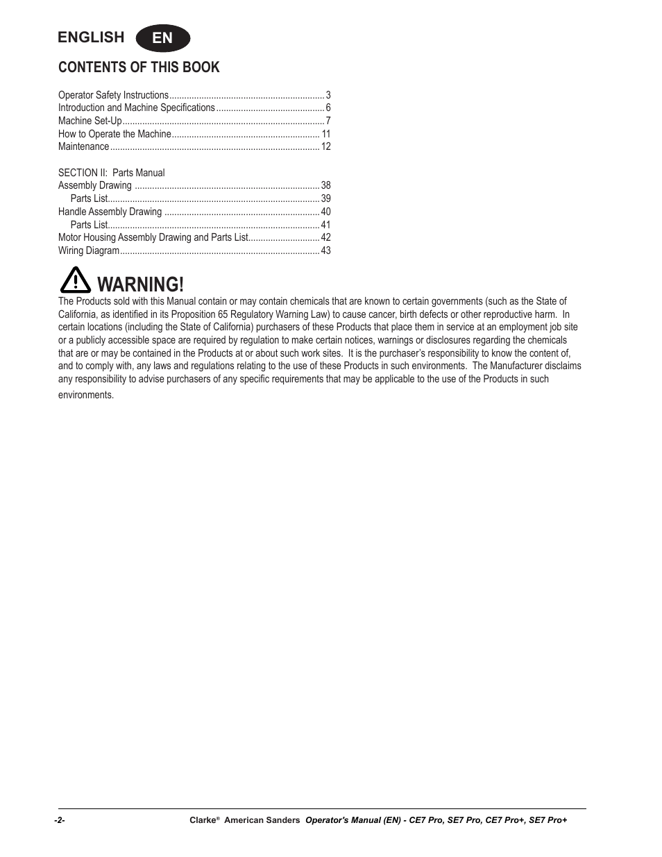 Warning, En english, Contents of this book | American Sanders CE7 & Pro Edgers User Manual | Page 2 / 44