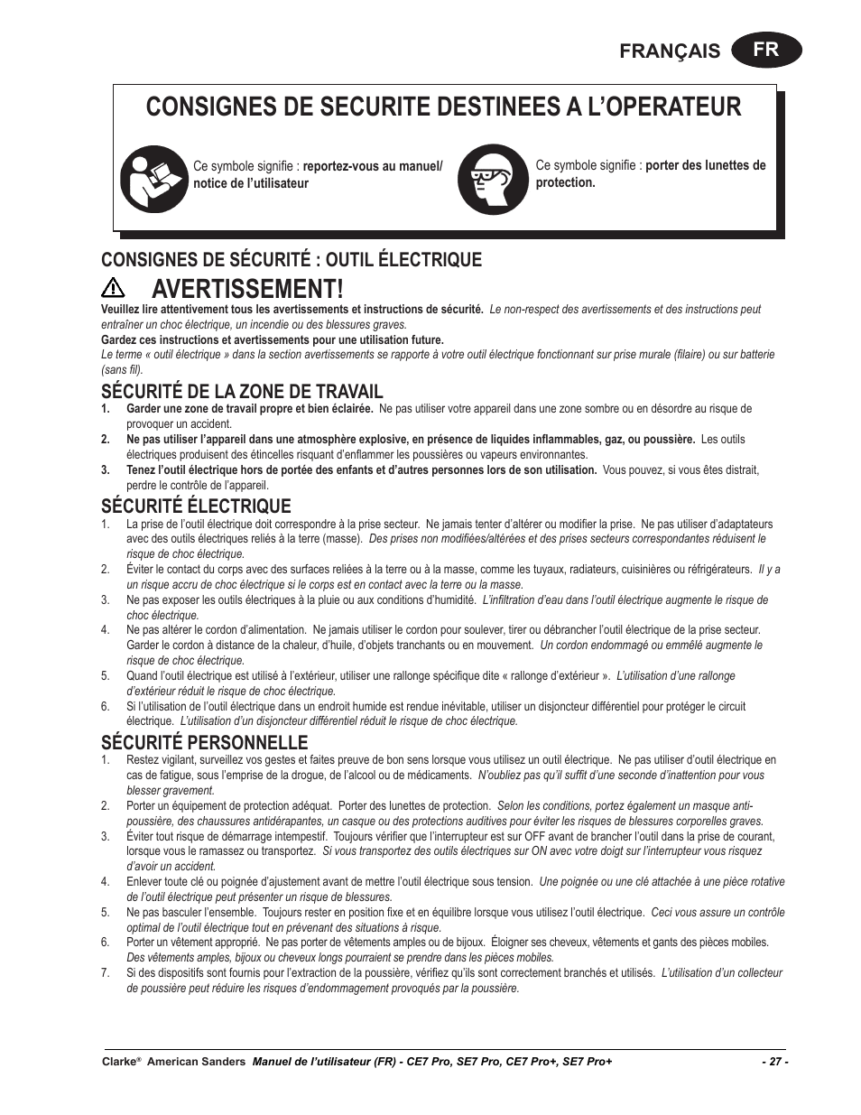 Consignes de securite destinees a l’operateur, Avertissement, Fr français | Consignes de sécurité : outil électrique, Sécurité de la zone de travail, Sécurité électrique, Sécurité personnelle | American Sanders CE7 & Pro Edgers User Manual | Page 27 / 44