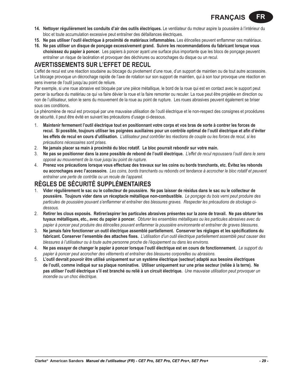 Fr français, Avertissements sur l’effet de recul, Règles de sécurité supplémentaires | American Sanders CE7 & Pro Edgers User Manual | Page 29 / 44