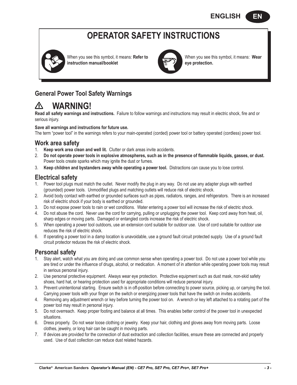 Operator safety instructions, Warning, En english | General power tool safety warnings, Work area safety, Electrical safety, Personal safety | American Sanders CE7 & Pro Edgers User Manual | Page 3 / 44