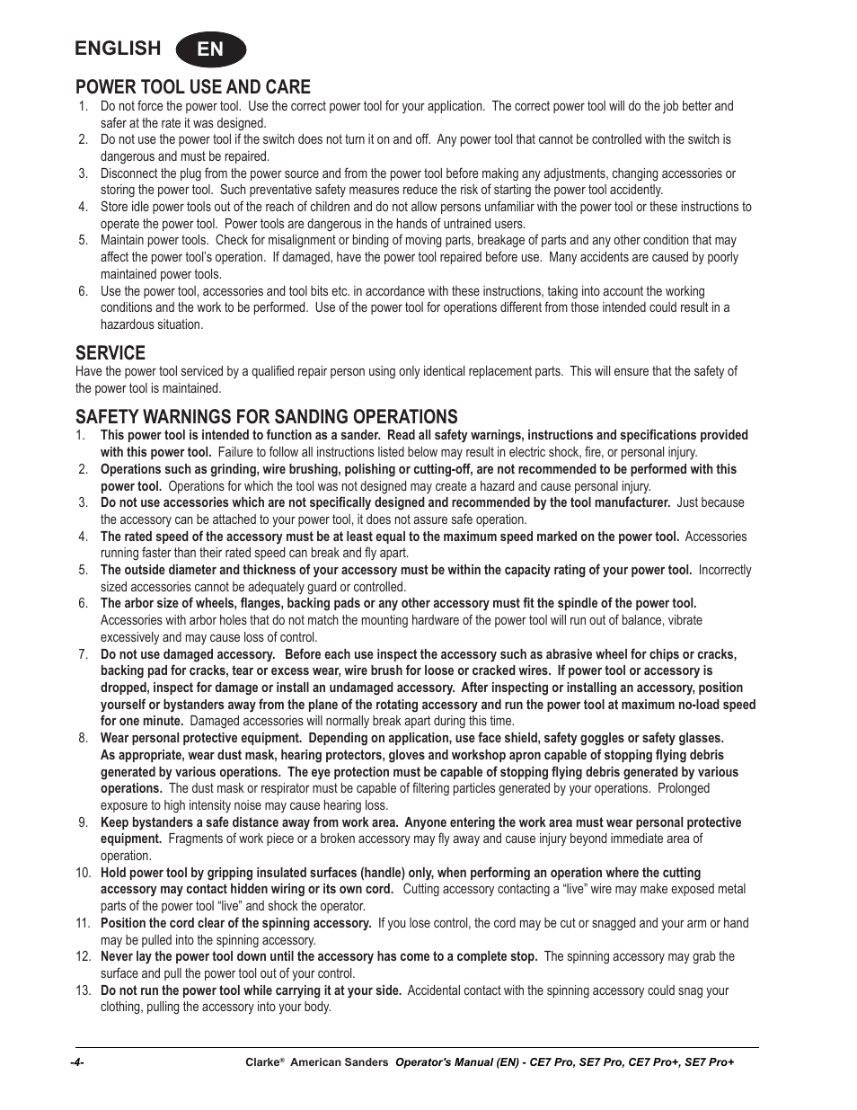 En english, Power tool use and care, Service | Safety warnings for sanding operations | American Sanders CE7 & Pro Edgers User Manual | Page 4 / 44