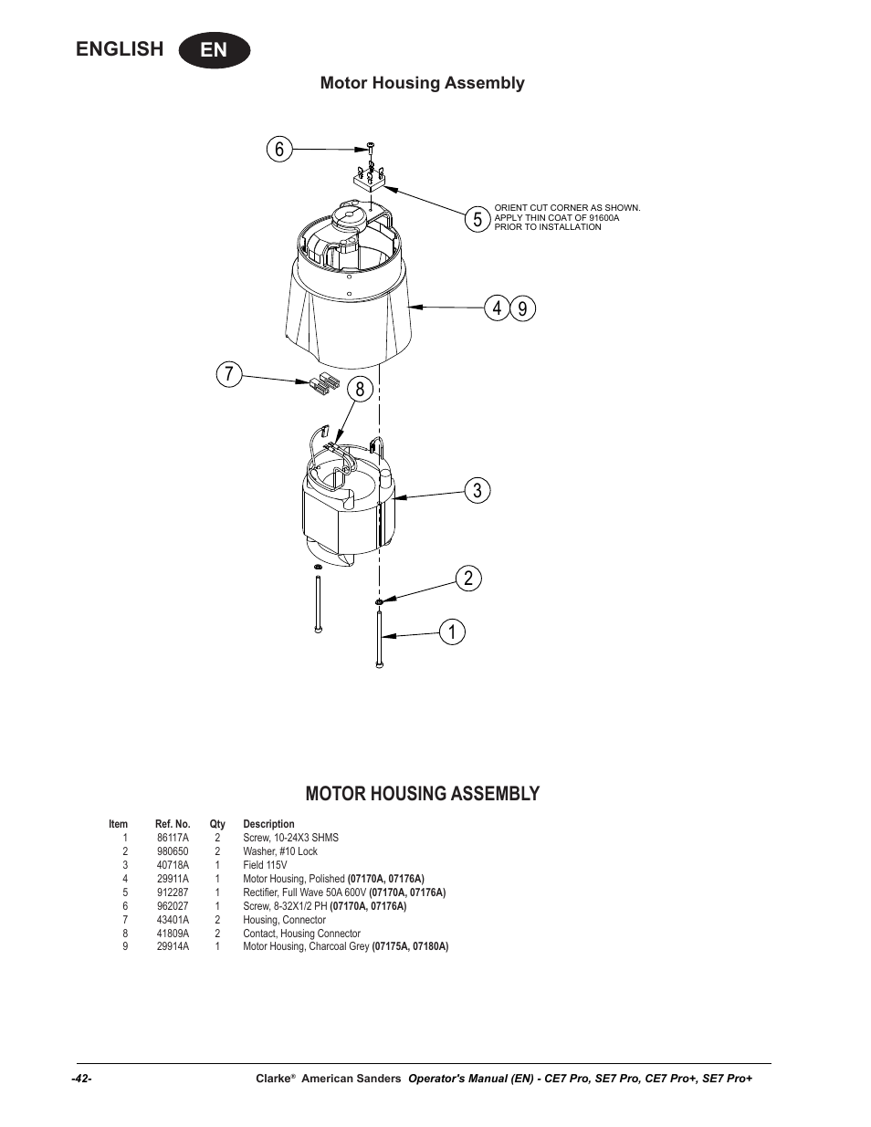 En english, Motor housing assembly | American Sanders CE7 & Pro Edgers User Manual | Page 42 / 44