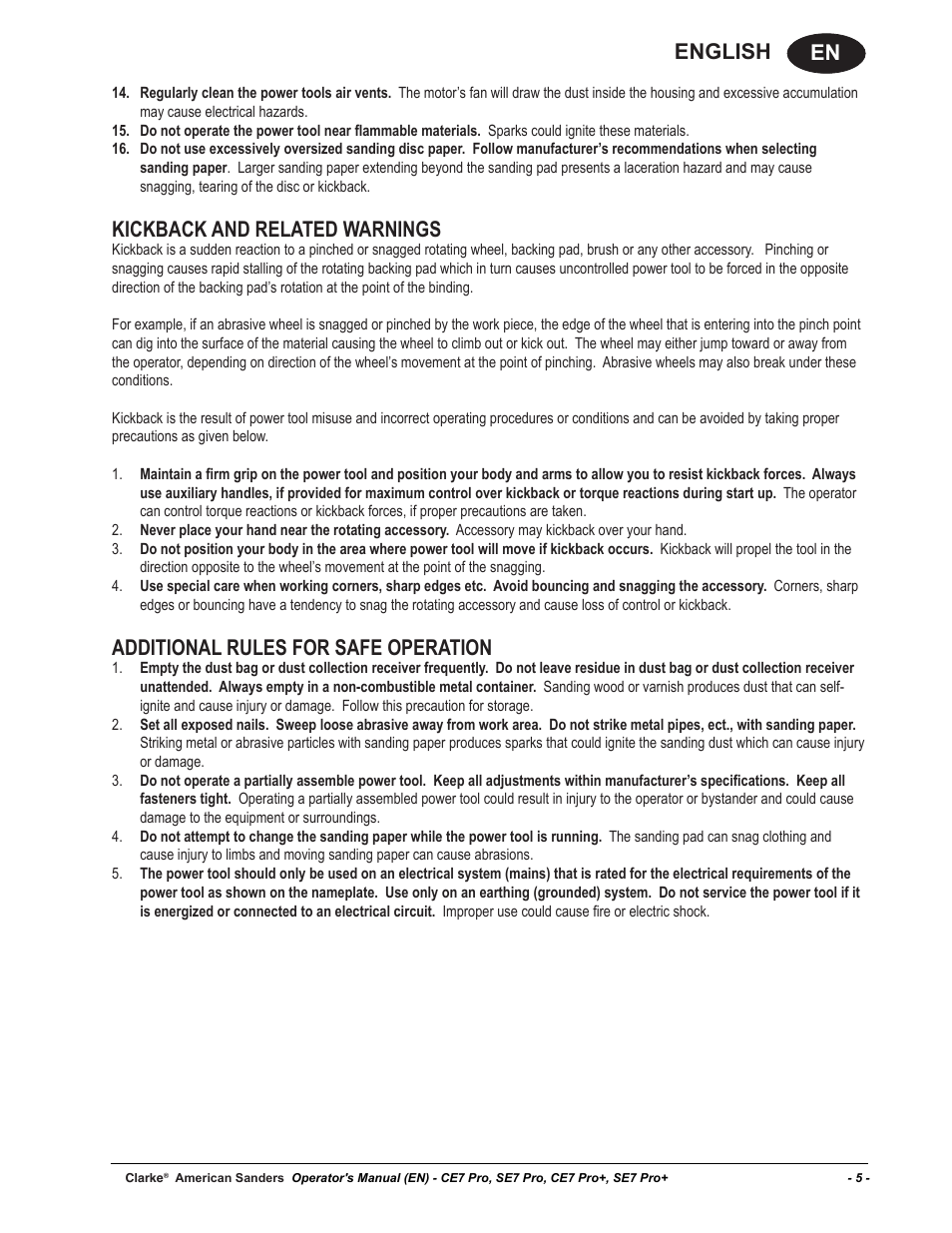 En english, Kickback and related warnings, Additional rules for safe operation | American Sanders CE7 & Pro Edgers User Manual | Page 5 / 44