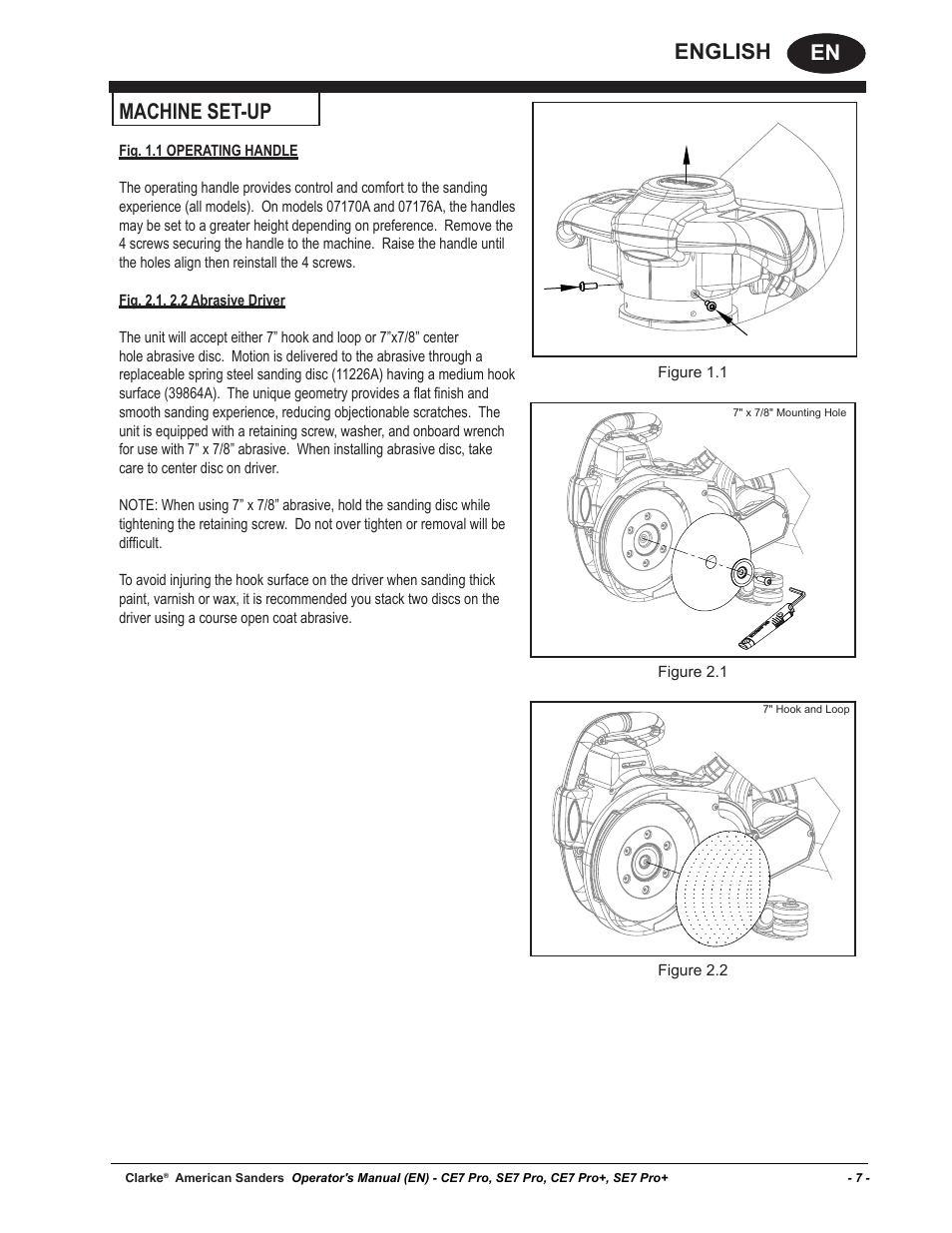 En english, Machine set-up | American Sanders CE7 & Pro Edgers User Manual | Page 7 / 44