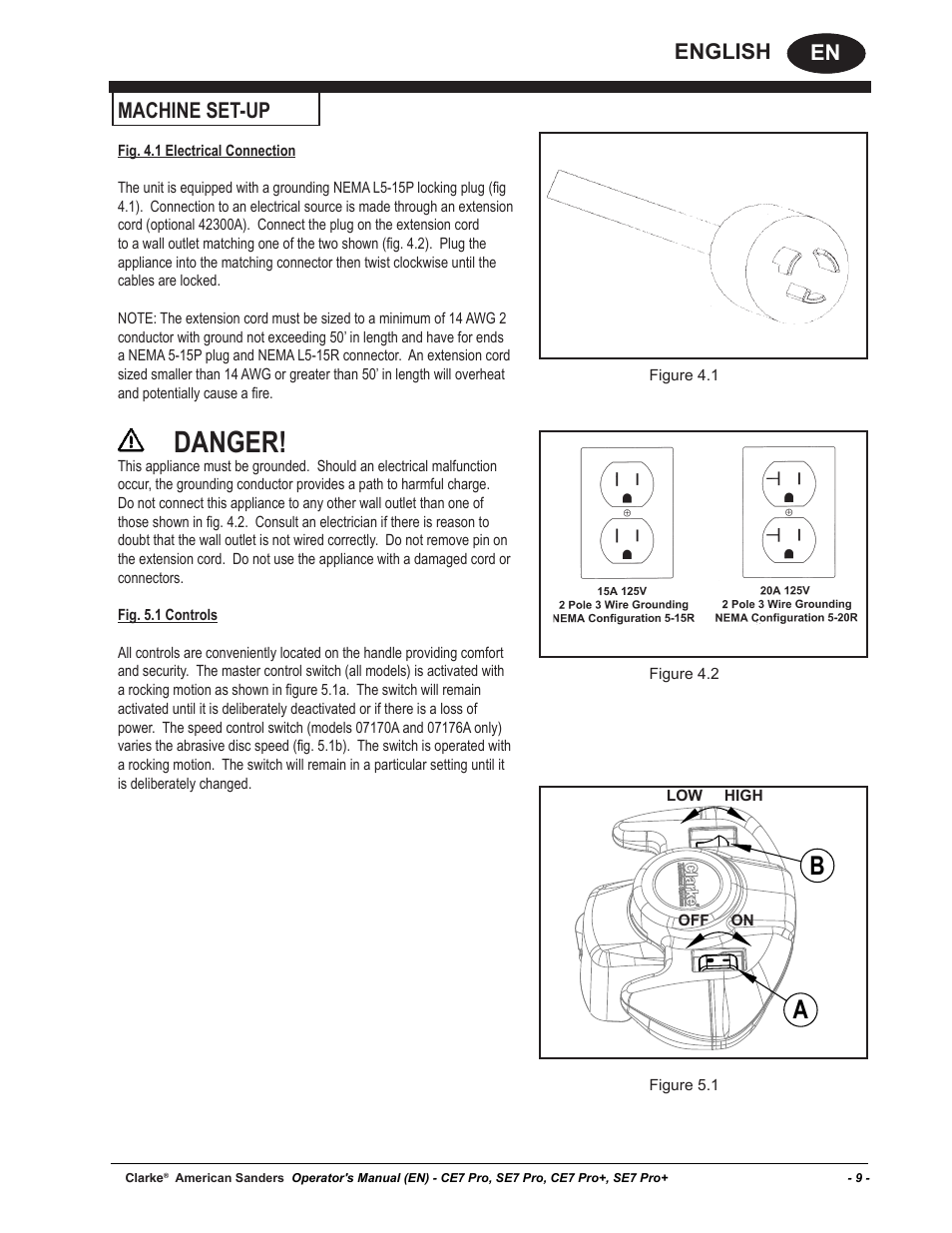 Danger, En english, Machine set-up | American Sanders CE7 & Pro Edgers User Manual | Page 9 / 44