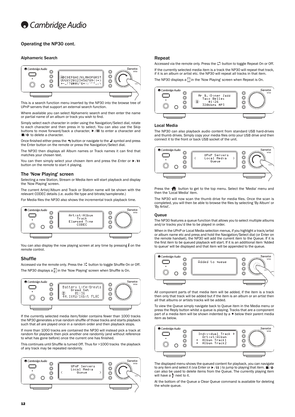 The 'now playing' screen, Shuffle, Operating the np30 cont. repeat | Cambridge Audio SONATA NP30 User Manual | Page 12 / 17