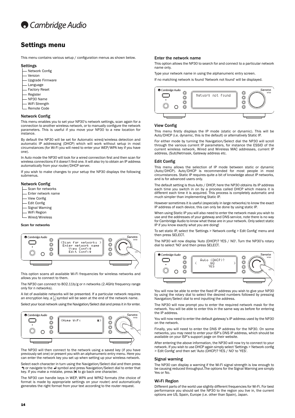 Settings menu | Cambridge Audio SONATA NP30 User Manual | Page 14 / 17