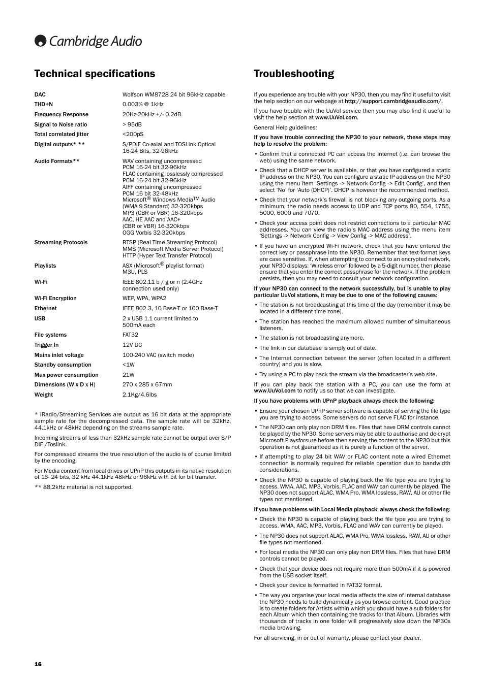 Technical specifications, Troubleshooting | Cambridge Audio SONATA NP30 User Manual | Page 16 / 17