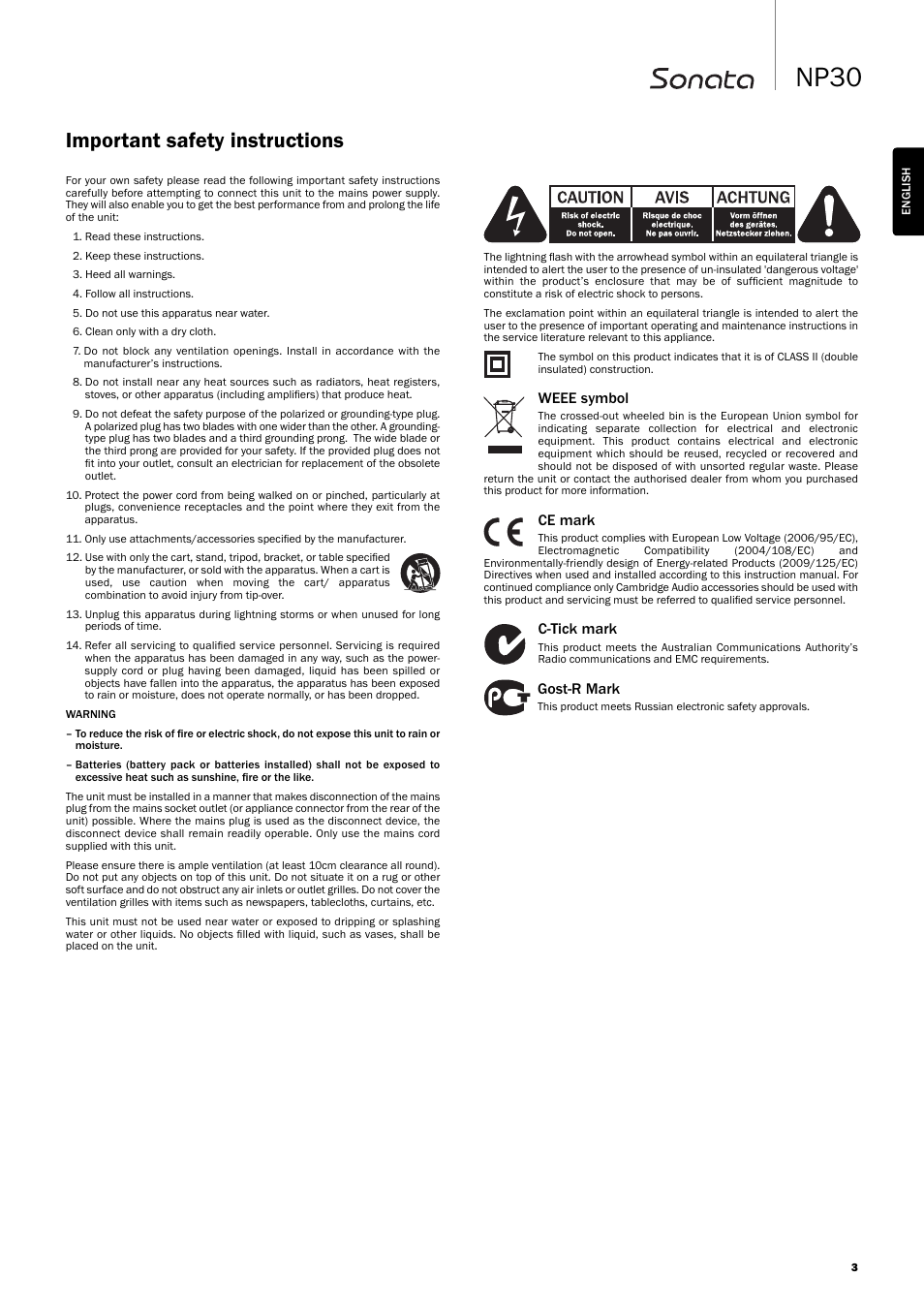 Np30, Important safety instructions, Weee symbol | Ce mark, C-tick mark, Gost-r mark | Cambridge Audio SONATA NP30 User Manual | Page 3 / 17