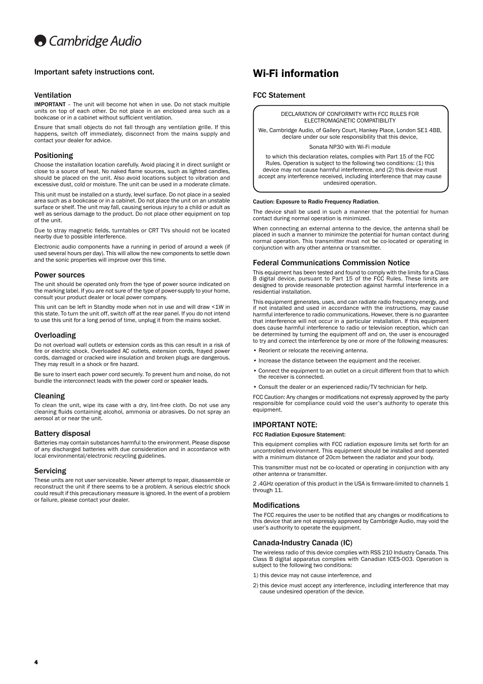 Wi-fi information | Cambridge Audio SONATA NP30 User Manual | Page 4 / 17