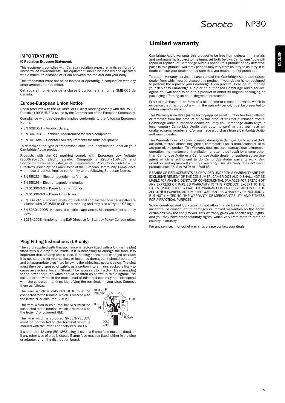 Np30, Limited warranty, Plug fitting instructions (uk only) | Europe-european union notice | Cambridge Audio SONATA NP30 User Manual | Page 5 / 17