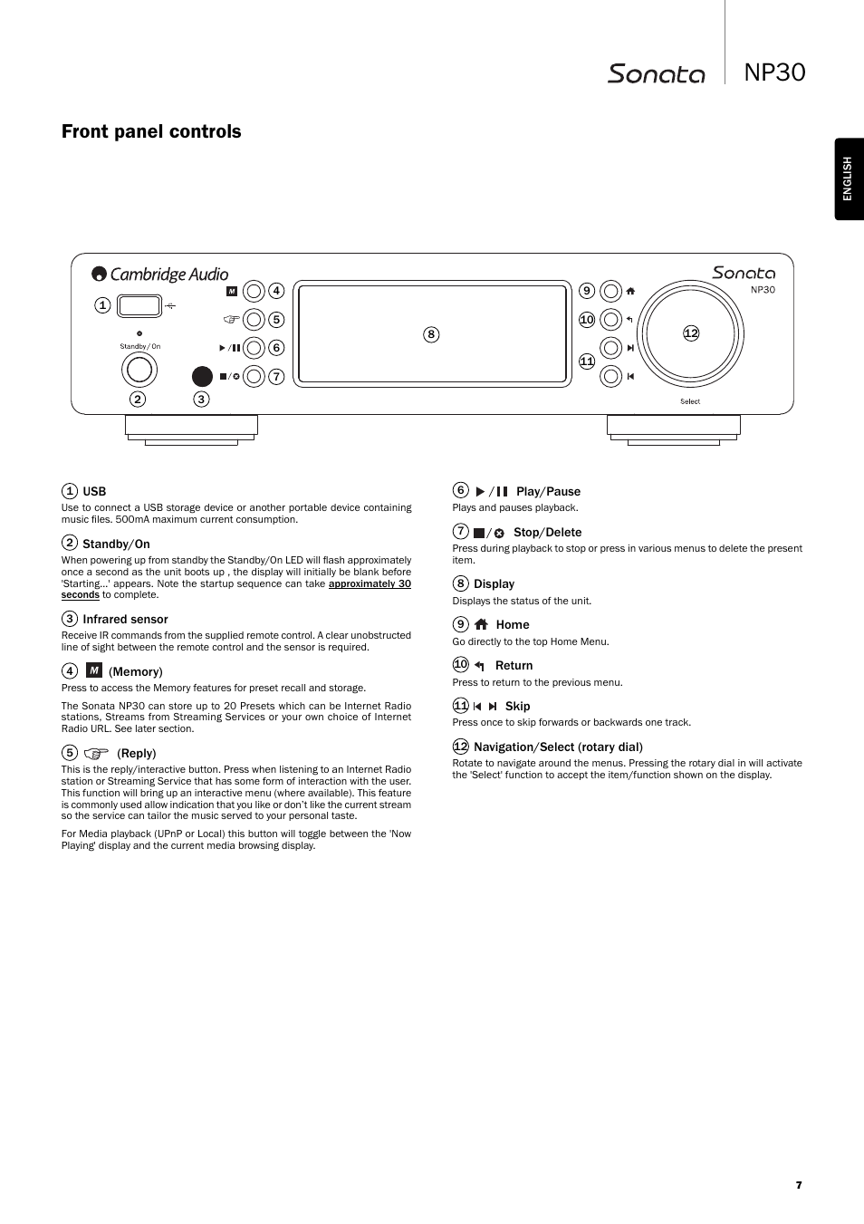 Np30, Front panel controls | Cambridge Audio SONATA NP30 User Manual | Page 7 / 17