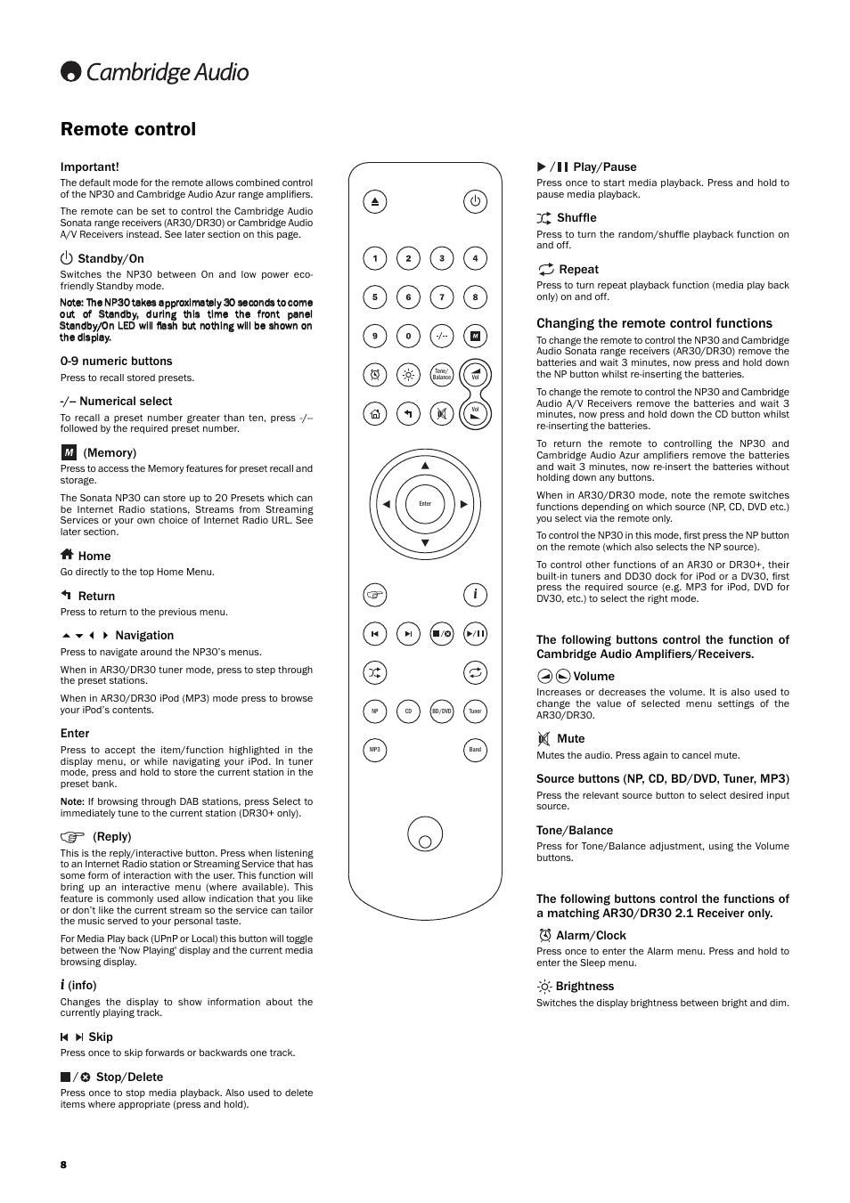 Remote control, Changing the remote control functions | Cambridge Audio SONATA NP30 User Manual | Page 8 / 17