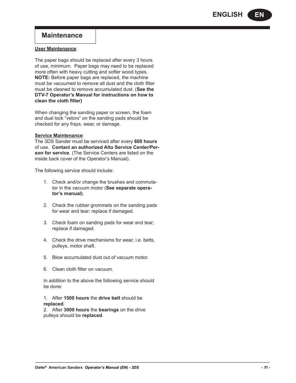 En english, Maintenance | American Sanders 3DS Orbital Sander User Manual | Page 11 / 94