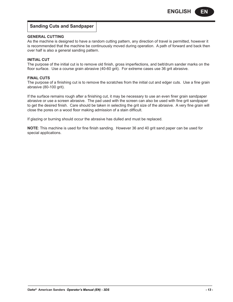 En english, Sanding cuts and sandpaper | American Sanders 3DS Orbital Sander User Manual | Page 13 / 94