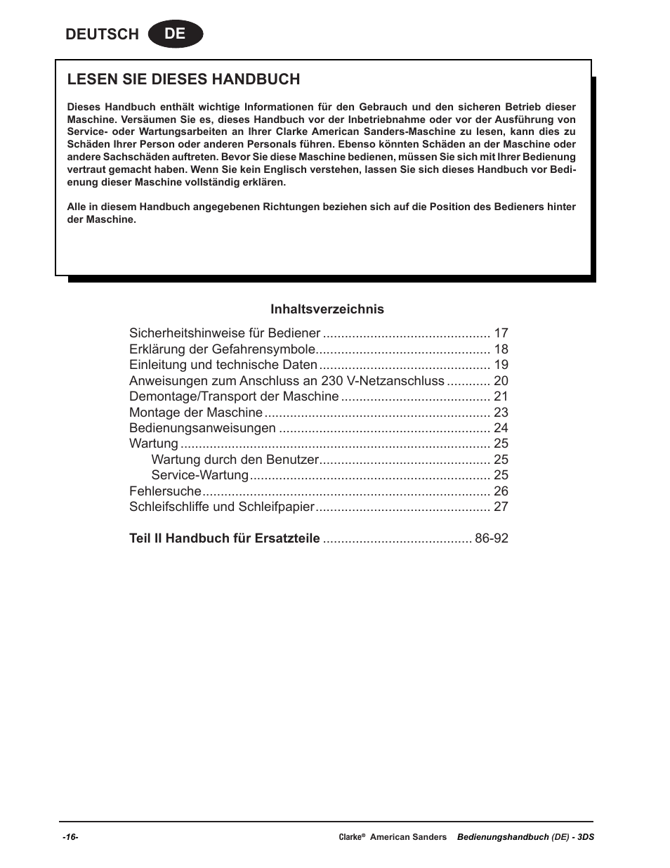 De deutsch, Lesen sie dieses handbuch | American Sanders 3DS Orbital Sander User Manual | Page 16 / 94
