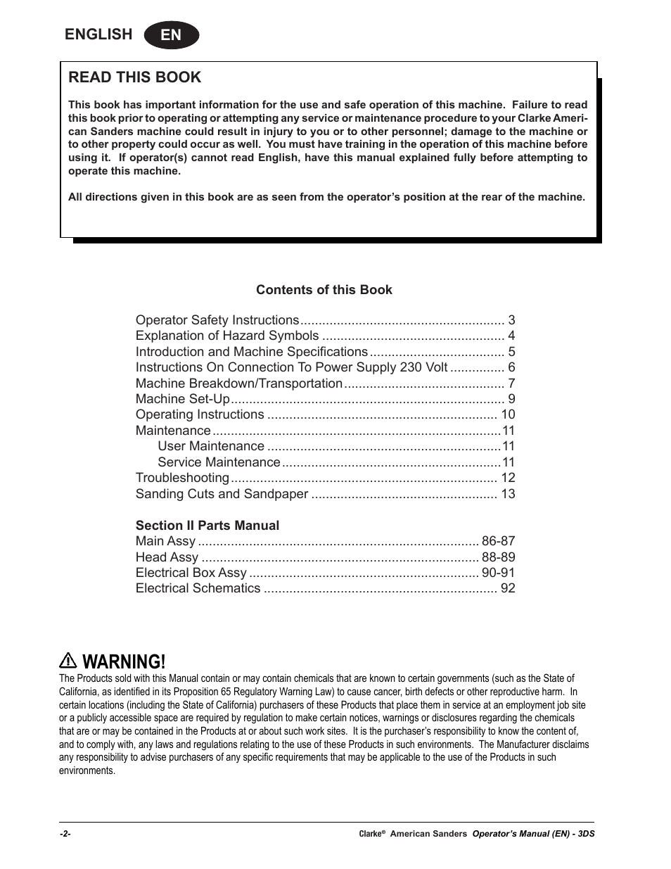 Warning, En english, Read this book | American Sanders 3DS Orbital Sander User Manual | Page 2 / 94