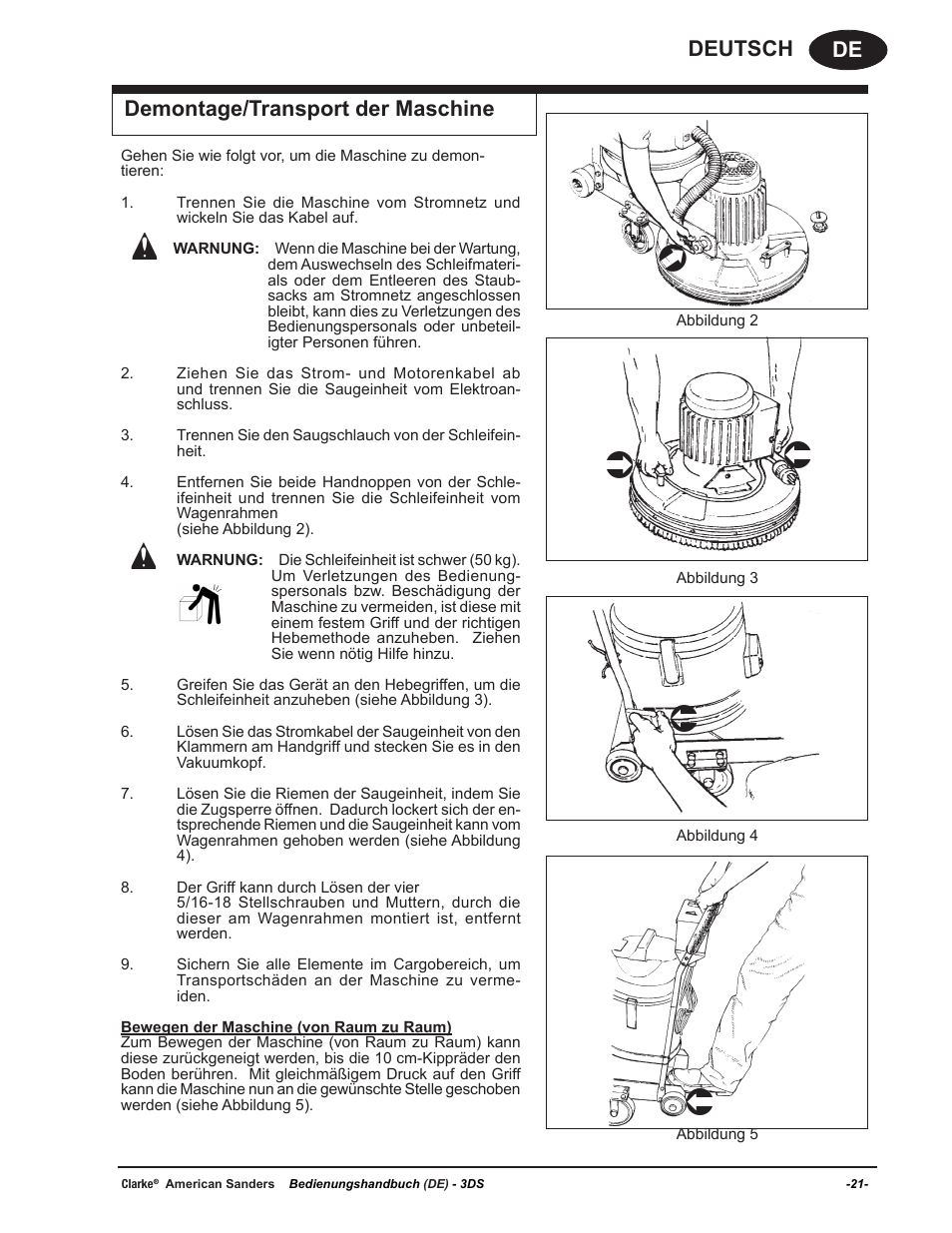 De deutsch demontage/transport der maschine | American Sanders 3DS Orbital Sander User Manual | Page 21 / 94