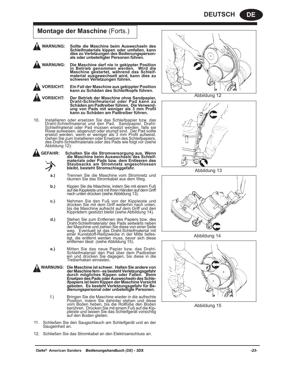 De deutsch montage der maschine (forts.) | American Sanders 3DS Orbital Sander User Manual | Page 23 / 94