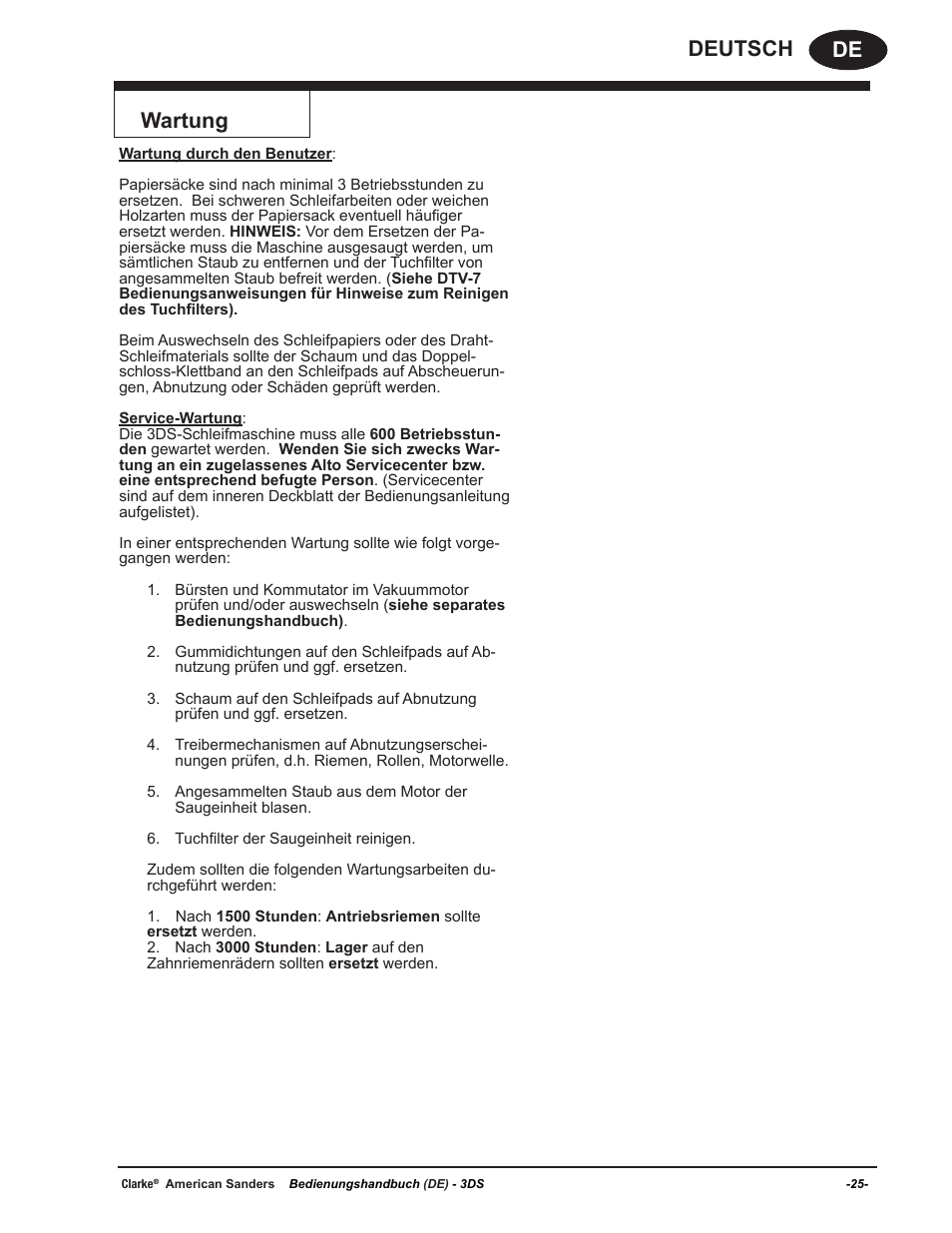 De deutsch wartung | American Sanders 3DS Orbital Sander User Manual | Page 25 / 94