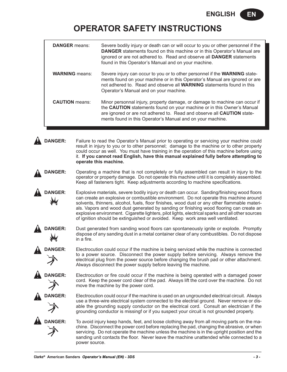 Operator safety instructions, En english | American Sanders 3DS Orbital Sander User Manual | Page 3 / 94