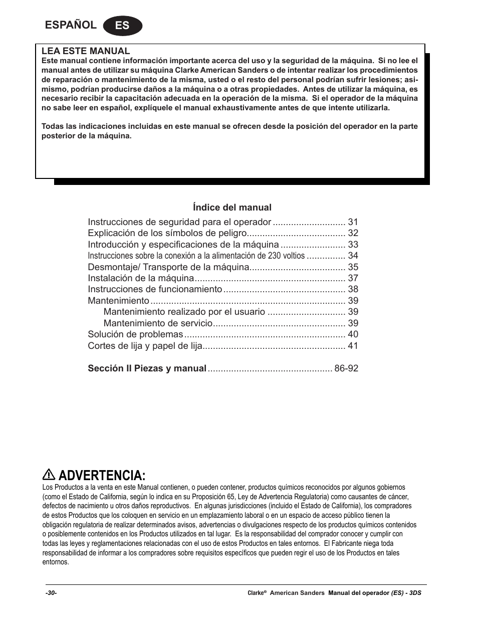 Advertencia, Es español | American Sanders 3DS Orbital Sander User Manual | Page 30 / 94