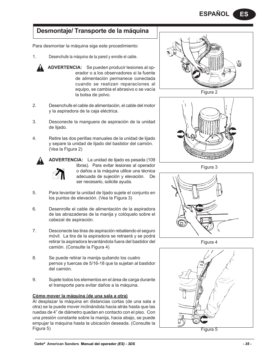 Es español desmontaje/ transporte de la máquina | American Sanders 3DS Orbital Sander User Manual | Page 35 / 94