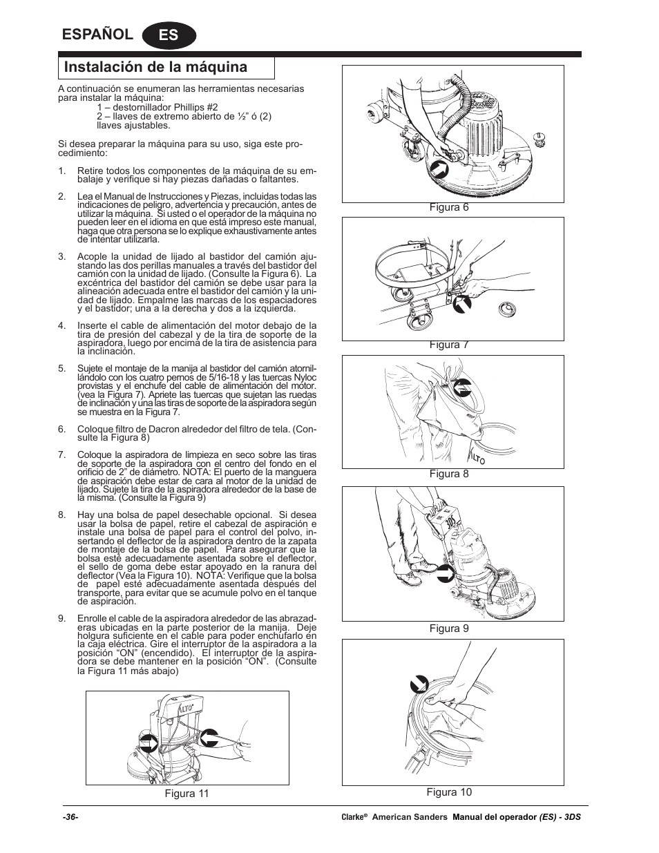 Es español instalación de la máquina | American Sanders 3DS Orbital Sander User Manual | Page 36 / 94